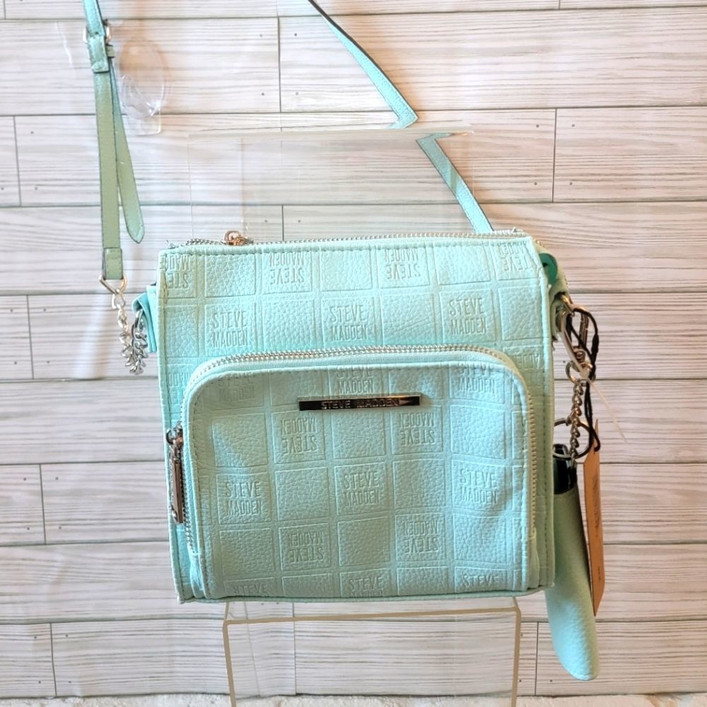 NWT STEVE MADDEN BGRANDE SQUARE LOGO AQUA CROSSBODY PURSE BAG DOME